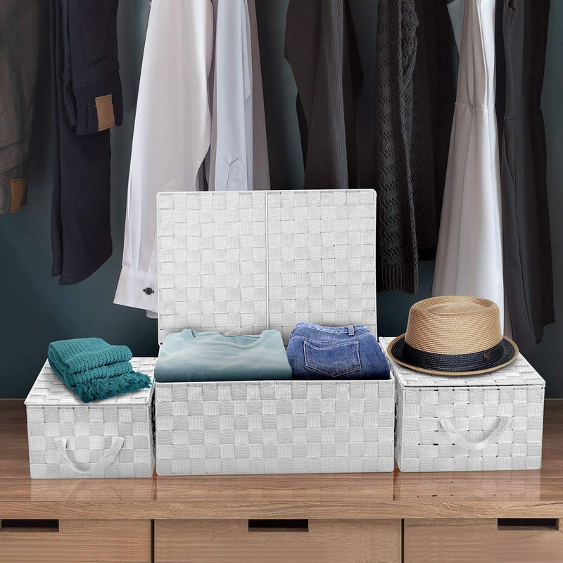 Sorbus Set of 3 Storage Baskets for Organizing with Lid, Mesh Hand-Woven Design, Linen Closet Organizers and Storage, Organizer Storage Baskets for Shelves, Variety Pack Organizers and Storage (White) - Image 4